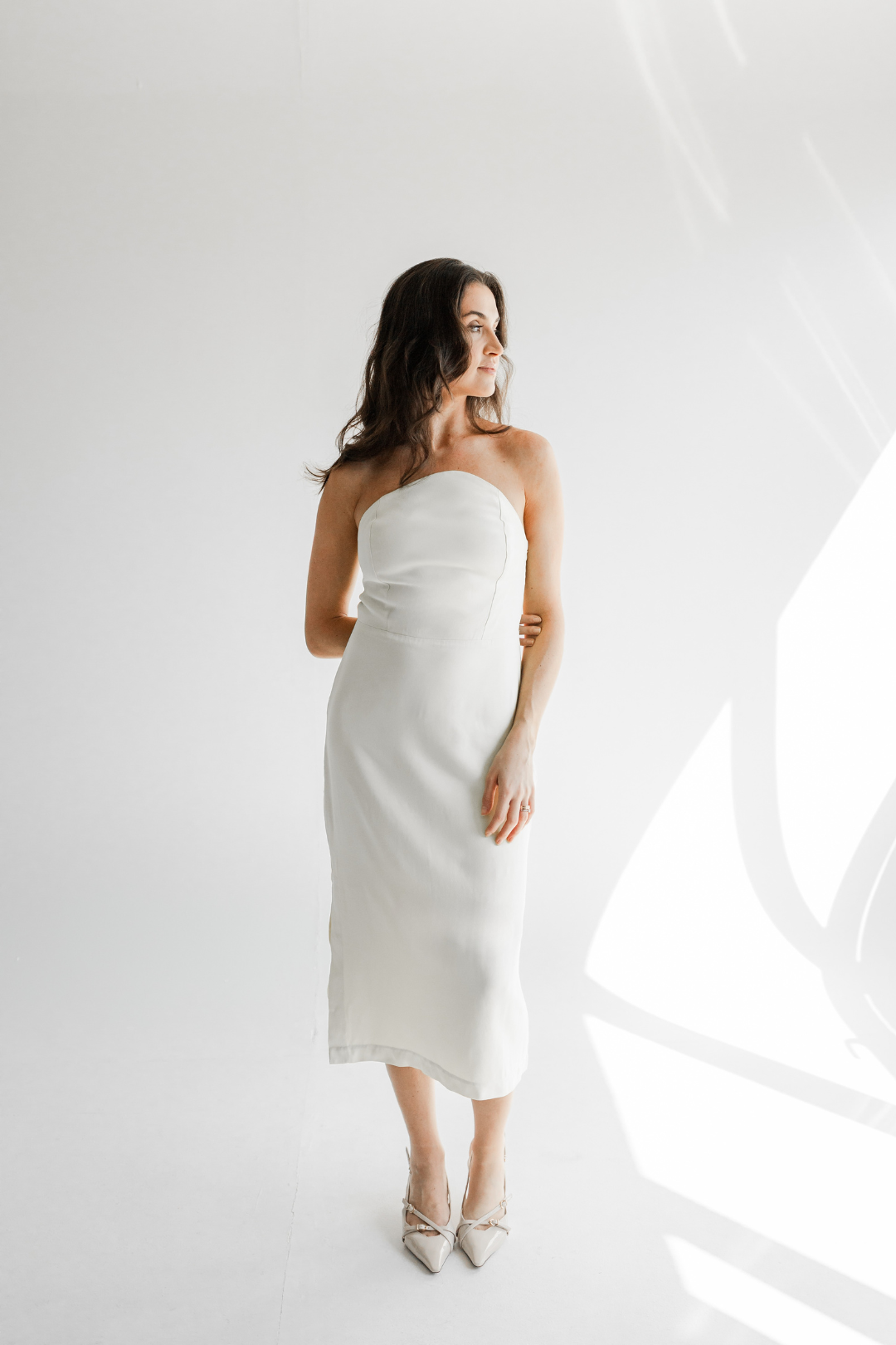 Vestido midi tomara que caia pétala - Branco